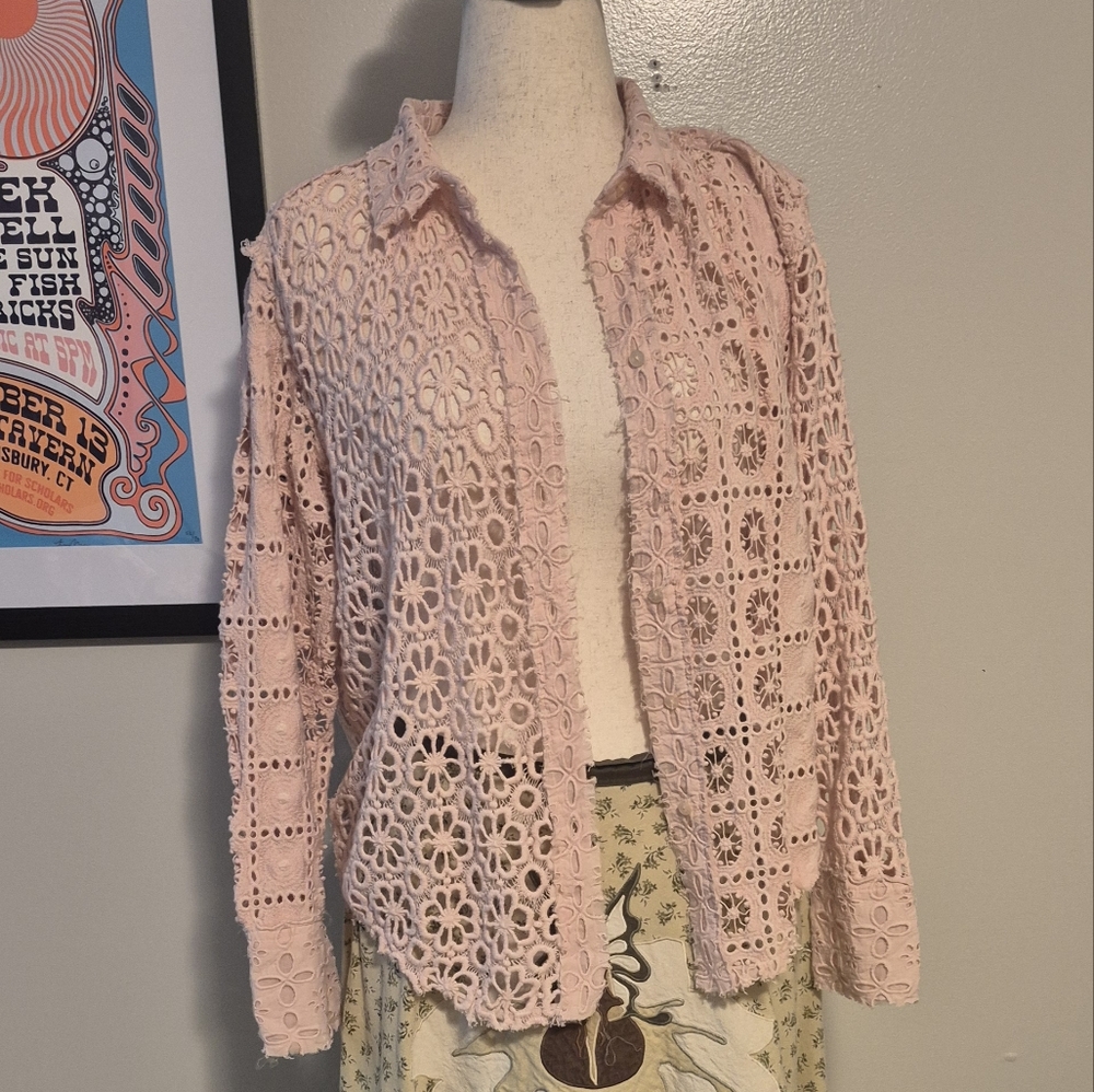 Free People Pink Lace Button-Up Shirt Yesenia Mae Crochet Shacket Large NWT top